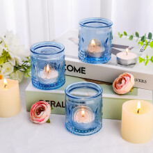 6Pcs Glass Tea Light Candle Holders,6.6cm x 5.8cm Vintage Candle Jar, Coloured Tealight Holders, Votive Candle for Indoor, Outdoor, Garden, Dinner,