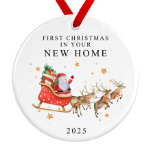 First Christmas in Your New Home Bauble | Santa Sleigh Reindeers Ceramic New Home Ornament | Christmas Housewarming Decoration Gift (D1 Red Ribbon)