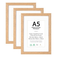 A5/15x21cm Picture Frame Set of 3, Display 10x15cm with Mat or A5 without Mat, Natural Wood Photo Frames for Wall Mounting or Table Top Display
