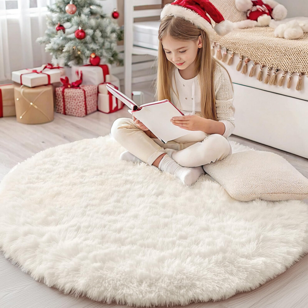 Fluffy Shaggy Rugs Living Room, Soft Thick Pile Carpet, Machine Washable Anti Slip Bedside Rug For Kids Bedroom, Nursery - Creme, Round 120 Cm Homaxy