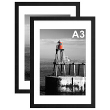 A3 Picture Frame, 2 Pack 29.7x42cm Photo Frames with A4 Mount, Black A3 Poster Frame with Safe Perspex Front