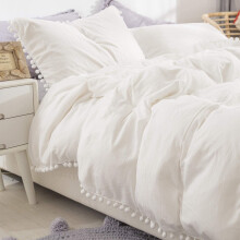 White Duvet Cover Double Size 3 Piece Pompoms Soft Microfiber Tassels Design Plain Colour 4 Seasons Bedding Set