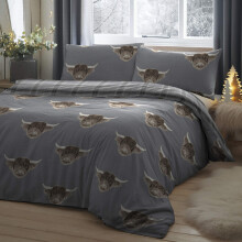 Fusion Highland Cow Duvet Cover Set ? Double 200x200cm ? Grey Tartan & Cow Print ? Reversible Flannelette Bedding ? Soft Brushed Cotton ? Farm Animal