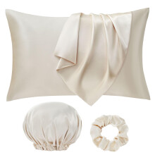 Seiwohl Silk Satin Pillowcase Soft as Silk Pillowcases for Hair and Skin Beige Pillow Cases 2 Pack with Satin Scrunchies and Bonnet for sleeping,