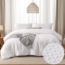 Waffle Seersucker Puckering Duvet Cover Set with 2 Pillowcases White Checkered Bedding Set with Zipper Closure,Soft Microfibre,King Size 220?230 cm