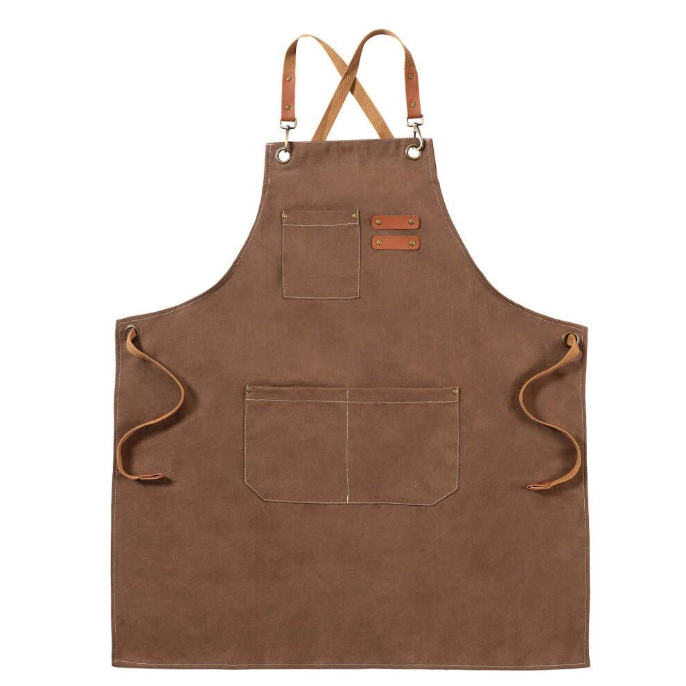 Funchaos Brown Canvas Aprons, Work Aprons For Men Women, Chef Aprons With Adjustable Strap And 3 Pockets, Apron For Servers Kitchen Cooking Baking 5051223075325