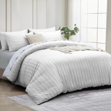 INSPIRE HOMEWARE Double Duvet set - Premium Hotel Quality Reversible Satin Stripes Duvet Cover with 2 Pillowcases, White Double Bedding Set - Soft