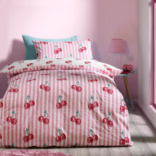 Catherine Lansfield Disco Cherries Stripes Reversible Single Duvet Cover Set with Pillowcase Pink