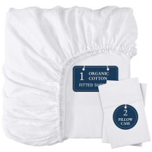Lane Linen Fitted Sheet Double ? 100% Organic Cotton, Soft & Breathable Bottom Sheet with 2 Pillowcases, 35 cm Deep Pocket, All-Around Elastic ?