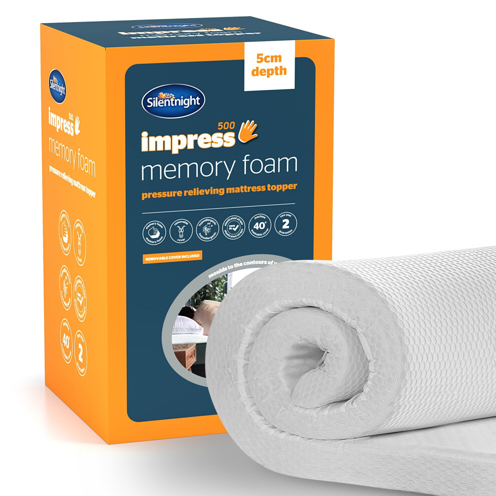 Silentnight Impress Memory Foam - 5Cm Thick Luxury Orthopedic Mattress Topper For Back And Neck Pain - Removable Washable Cover - Small Double, White