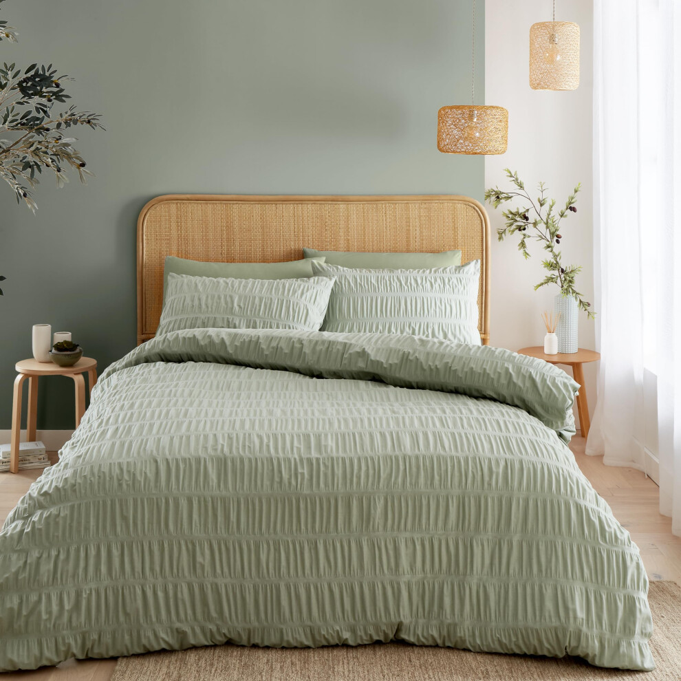 Catherine Lansfield Seersucker Double Duvet Cover Set With Pillowcases Sage Green
