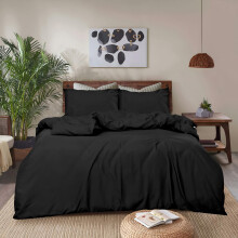 REHAN & CO Double Duvet Cover Sets ? 3Pcs Bedding Set Double Bed Soft Brushed Microfiber Polyester? Plain Quilt Cover With Pillow Cases (Black)