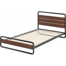 Zinus Therese Single Bed frame - Bed 90x190 cm - 20 cm Height - Metal and Wood Platform bed frame with wood slat support - Brown