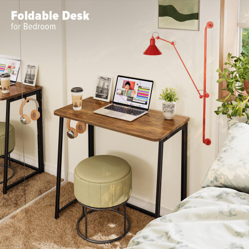 WOHOMO Folding Computer Desk,Small Writing Desk 80cm,Space-Saving Foldable Laptop Table Writing Workstation for Home Office,Easy Assembly,Rustic 2