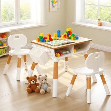 Kids Table and 2 Chairs Set,Adjustable Height Toddler Desk with Large Storage Drawer & Wipe-Clean Surface,Learning Activity Table for Classrooms