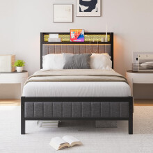 MOFLUT Single Bed Frame with Upholstered Headboard, Wooden Storage Headboard Shelf, 3ft Upholstered Bed Frame with Charging Station/USB Ports and LED