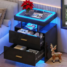 Gurexl LED Bedside Table with Wireless Charging Station, Glass Top Bedroom Smart Nightstand with Smart Night Stand with 2 Drawers Modern Bedside Table