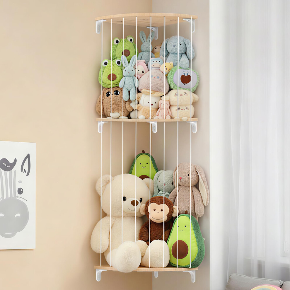 Sunmon Stuffed Animal Storage Corner Toy Organiser - Adjustable Height Wooden Wall Shelf For Soft Toys, Teddy Bear And Soft Toy Holder For Kids
