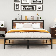 HOMERECOMMEND King Size bed frame With Wood Storage Headboard No Box Spring Needed,Steel Slats Mattress Foundation Square Pipe Design Noise Free Black