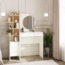 GFW Freyja Dressing Table Set White. Make Up & Hair Vanity Table With Drawers, Large Round Mirror & Storage Cabinet & Shelves. Modern Makeup Desk For