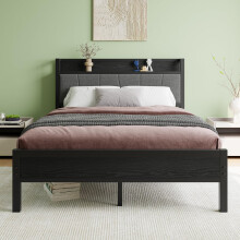 BORPHOM Double Bed Frames with Wooden Storage Headboard,Heavy Duty Metal Upholstered Platform Bed Frame Double Bed,Mattress Base/Strong Steel Slat