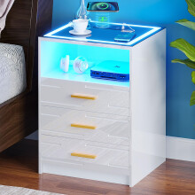 yoofun White Bedside Table with Wireless Charging Station, LED Nightstand with 3 Drawers, High Gloss Smart Sofa Side End Table with USB Type-C for