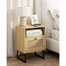 HEYZOEY Boho Rattan Bedside Table, Wood Nightstand with Drawer and Oak Shelf, Side and End Table for Bedroom, Living Room, Office