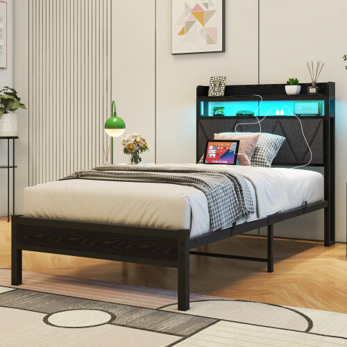 VERFARM 3ft Single Bed Frame with LED Lights Storage Upholstered Headboard and Charging Station, Solid Metal Platform Bed Single Size, No Box Spring 2
