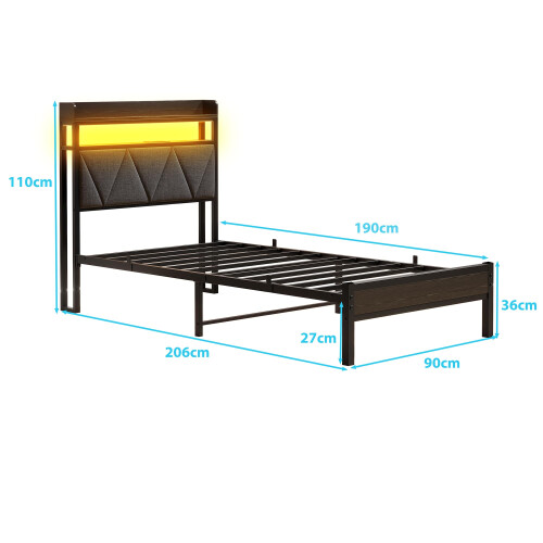 VERFARM 3ft Single Bed Frame with LED Lights Storage Upholstered Headboard and Charging Station, Solid Metal Platform Bed Single Size, No Box Spring 1