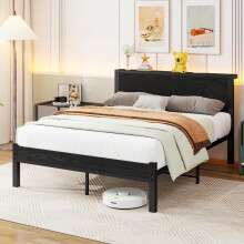 Diahomy Double Bed Frame Metal Platform Bed Frame with Wood Headboard/Mattress Base/Underbed Storage/No Box Spring Needed/Black