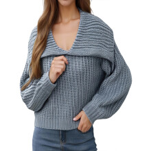 (S, Gray) Pull court en maille pour femme, manches longues, col à revers, idéal pour l'automne et l'hiver.