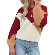 (L, Multicolor) Women's Autumn Loose Fit Sweater Patchwork Design Long Sleeve Round Neck Knitwear Pullover