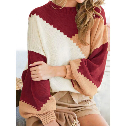 (L, Multicolor) Pull ample d'automne pour femme, coupe patchwork, manches longues, col rond, en maille. 2