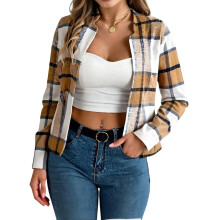(L, Khaki) Manteau d'automne à carreaux pour femme, manches longues, col rond, veste décontractée ouverte