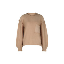 (M, Khaki) Women's Autumn Loose Sweater Solid Color Pocket Long Sleeve Round Neck Knitwear Pullover