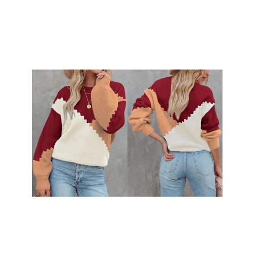 (L, Multicolor) Pull ample d'automne pour femme, coupe patchwork, manches longues, col rond, en maille. 1