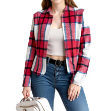 (S, Red) Manteau d'automne à carreaux pour femme, manches longues, col rond, veste décontractée ouverte