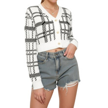(S, Black) Women's Cardigan Casual Button Down Fall Long Sleeve V Neck Plaid Cropped Knit Tops