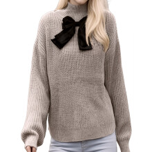(S, Champagne) Women's Autumn Loose Sweater Black Bow Long Sleeve High Neck Knitwear Casual Pullover