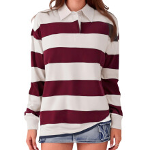 (S, Claret) T-shirt femme à manches longues et col rabattu, rayé, style streetwear décontracté automne
