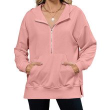 (XXL, Pink) Női tavaszi-őszi kapucnis pulóver, hosszú ujjú, félig cipzáras, kapucnis pulóverek