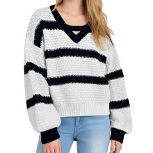 (XL, Black) Women's Striped Loose Fit Sweater Fashionable Casual V Neck Long Lantern Sleeve Knit Patchwork Tops