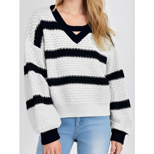 (XL, Black) Pull rayé ample maille patchwork. 2