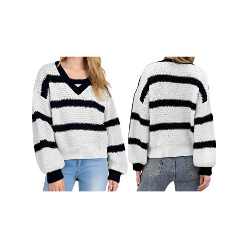 (XL, Black) Pull rayé ample maille patchwork. 1