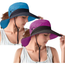 Bucket hats voor dames met paardenstaartbevestiging, UV-bescherming, opvouwbaar, brede rand van mesh, ideaal voor wandelen, strand, vissen, zomer en