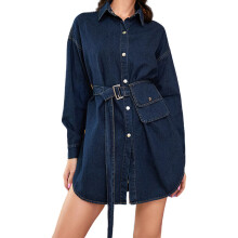 (One Size, Dark Blue) Dámské podzimní džínové topy s dlouhým rukávem, odhaleným límcem, zapínáním na knoflíky a páskem