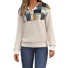 (XXL, Khaki) Sweat-shirt femme à manches longues, col rond, patchwork, bouton et coupe décontractée.