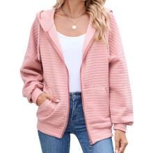 (XL, Pink) Giacca autunnale da donna con cappuccio, tinta unita, maniche lunghe, zip, trapuntata, con tasche.