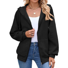 (L, Black) Giacca autunnale da donna con cappuccio, tinta unita, maniche lunghe, zip, trapuntata, con tasche.