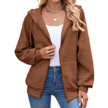 (XXL, Brown) Giacca autunnale da donna con cappuccio, tinta unita, maniche lunghe, zip, trapuntata, con tasche.